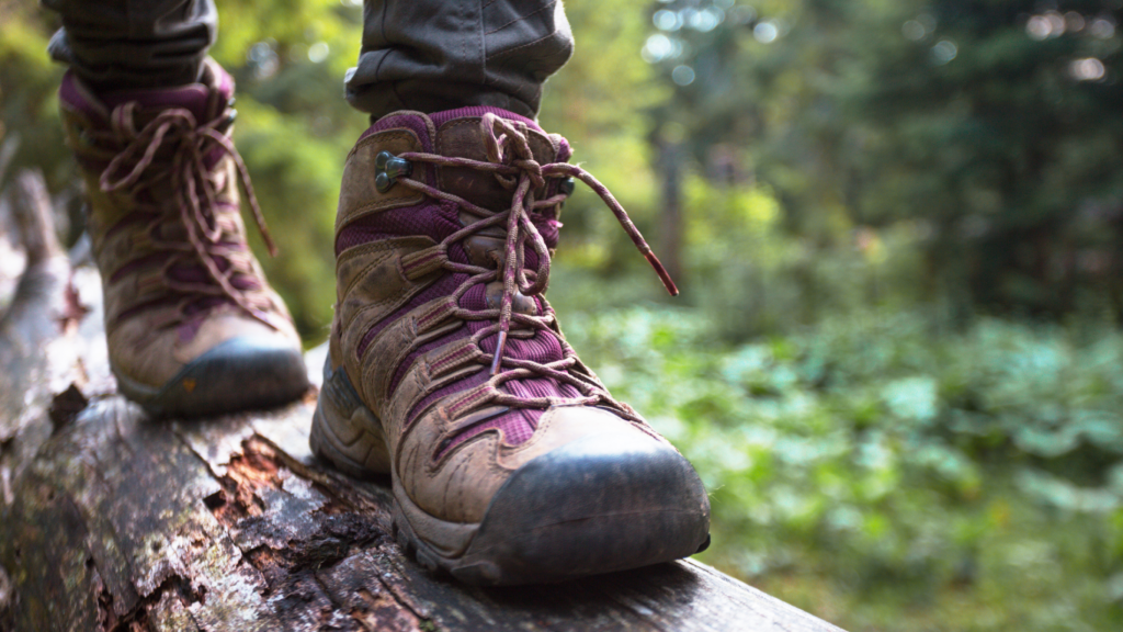 Person hiking on a log in the woods