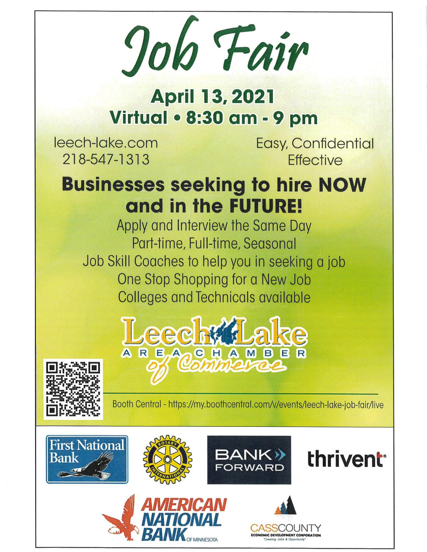 Job Fair - April 13th, 2021 from 830am-9pm Virtual. my.boothcentral.com/events/leech-lake-job-fair/live